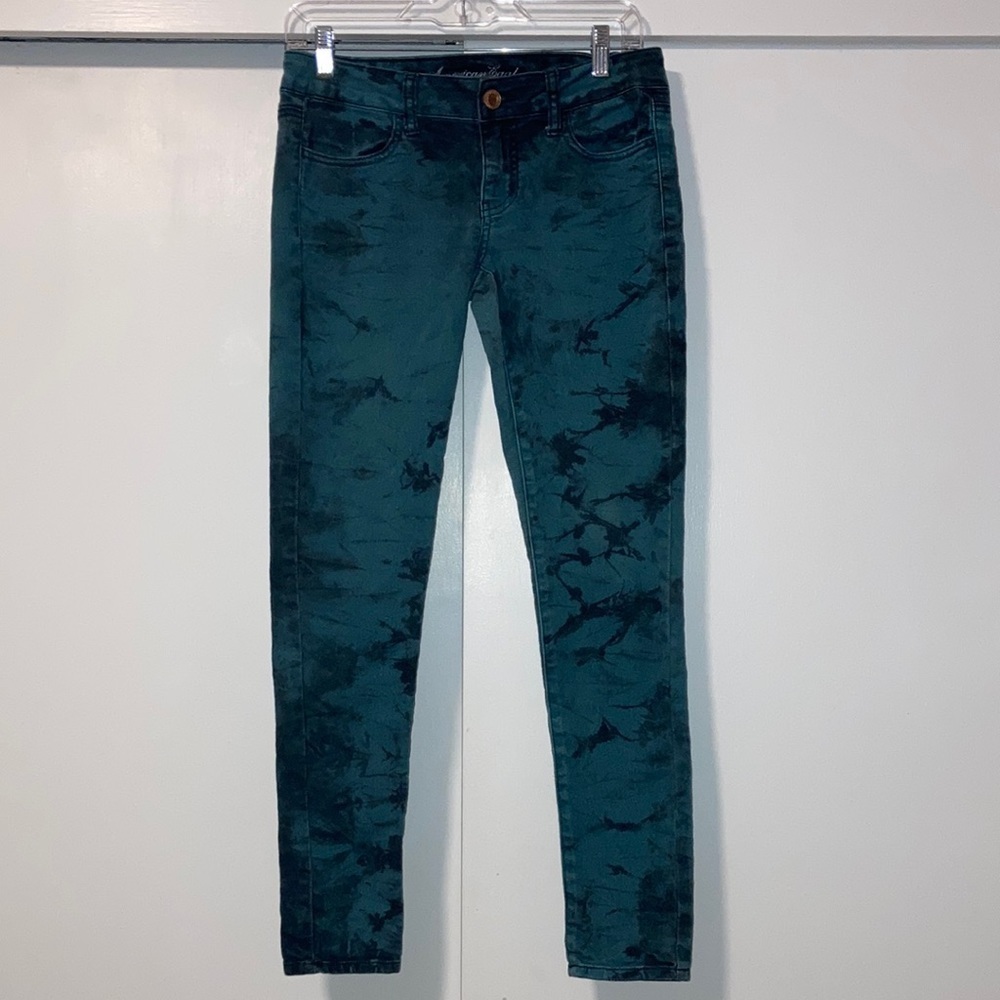 AEO American Eagle Stretch Jegging Skinny Jeans 4 Tie Dye Teal Blue Black Fall